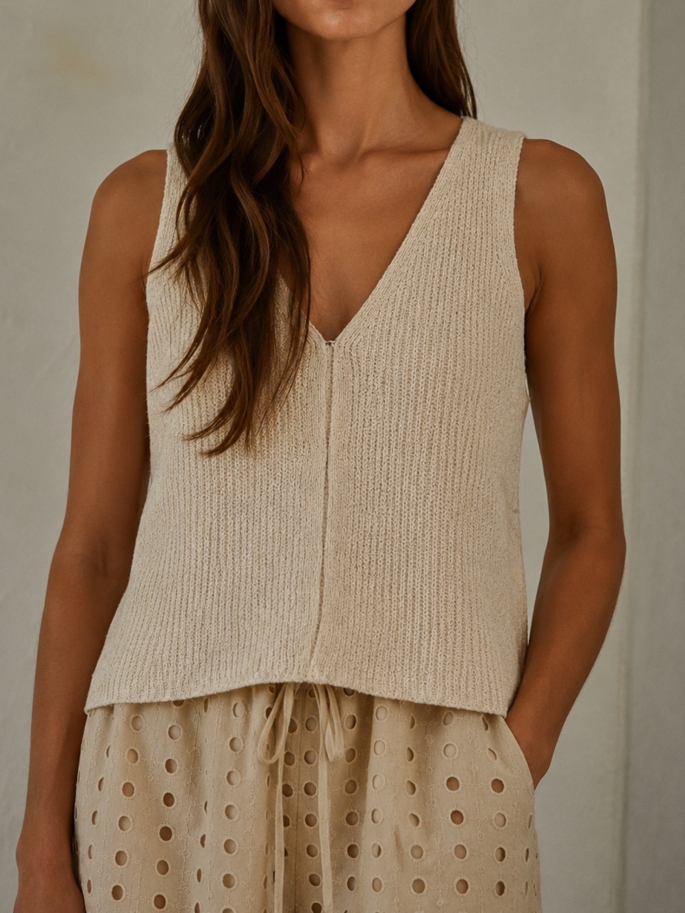 By Together Neutral Cream V-Neck Knit Tank